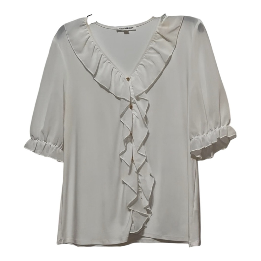 Perseption Concept Ruffle Blouse -  White | Sheer Gold Button Detail